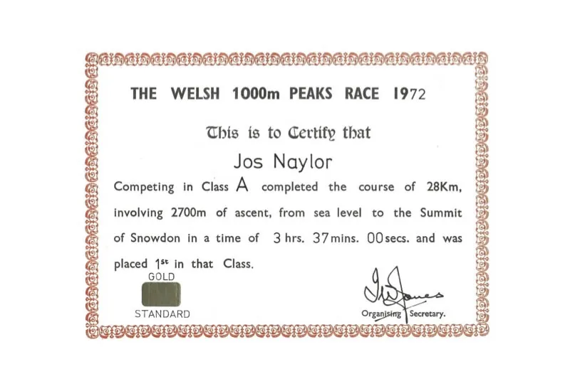Welsh 1000m Peaks Race - Jos Naylor certificate